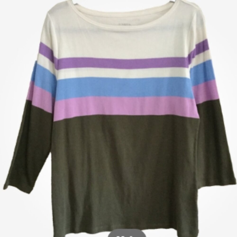 Talbots Women Size L Pullover Top Blouse Cotton Knit Tee Olive Green Purple NWT